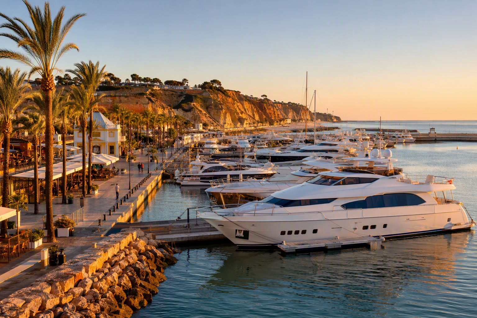 Marina de Vilamoura com iates e falésias douradas, Algarve