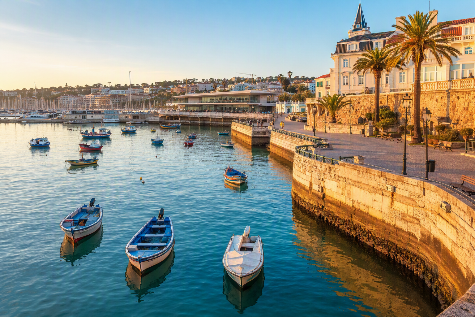 Baía de Cascais com barcos tradicionais e passeio marítimo